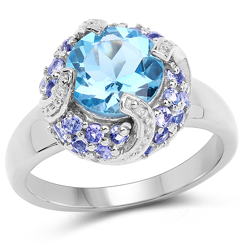 Rings-3.13 Carat Genuine Swiss Blue Topaz and Tanzanite .925 Sterling Silver Ring