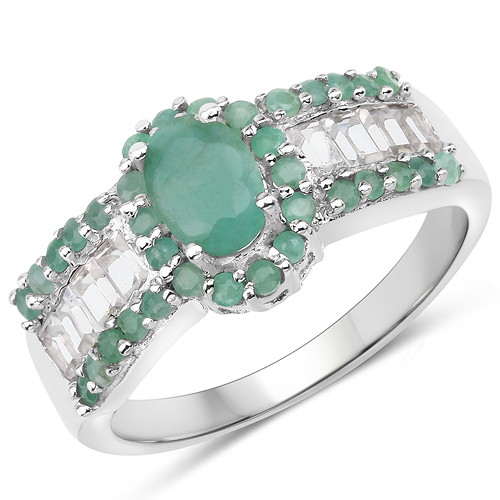 Emerald-1.97 Carat Genuine Emerald and White Topaz .925 Sterling Silver Ring