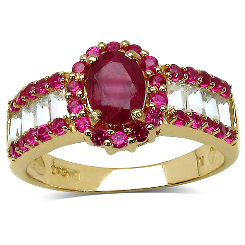 Ruby-2.89 Carat Glass Filled Ruby, Created Ruby and White Topaz .925 Sterling Silver Ring