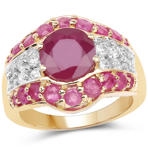 14K Yellow Gold Plated 4.10 Carat Genuine Glass Filled Ruby .925 Sterling Silver Ring