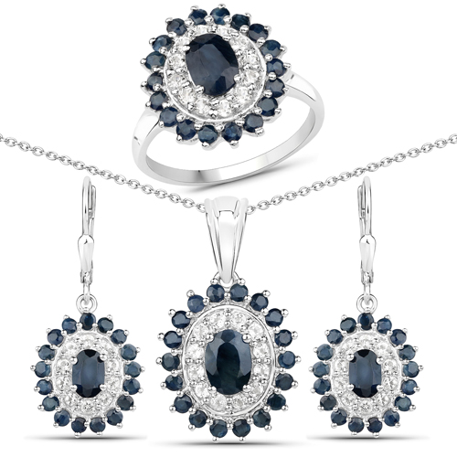 Sapphire-7.07 Carat Genuine Blue Sapphire and White Topaz .925 Sterling Silver 3 Piece Jewelry Set (Ring, Earrings, and Pendant w/ Chain)