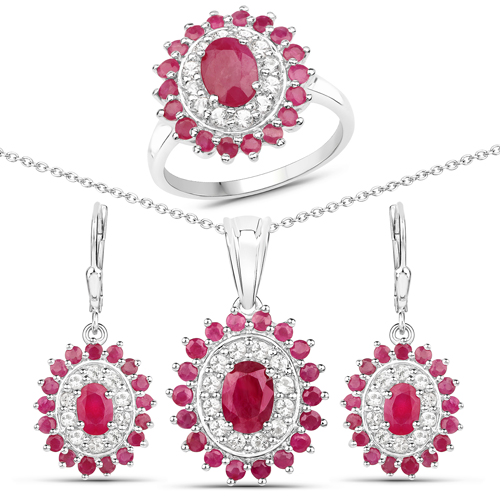 Ruby-7.30 Carat Genuine Ruby and White Topaz .925 Sterling Silver 3 Piece Jewelry Set (Ring, Earrings, and Pendant w/ Chain)