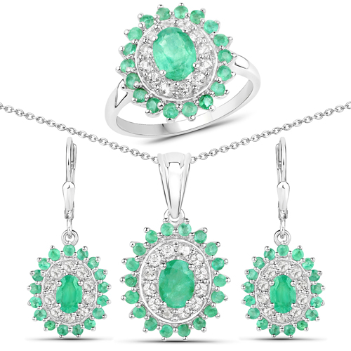Jewelry Sets-6.53 Carat Genuine Zambian Emerald and White Topaz .925 Sterling Silver 3 Piece Jewelry Set (Ring, Earrings, and Pendant w/ Chain)