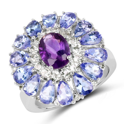 4.86 Carat Genuine Amethyst, Tanzanite and White Topaz .925 Sterling Silver Ring