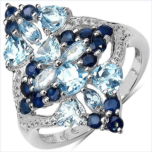 Rings-2.96 Carat Genuine Blue Topaz & Blue Sapphire .925 Sterling Silver Ring