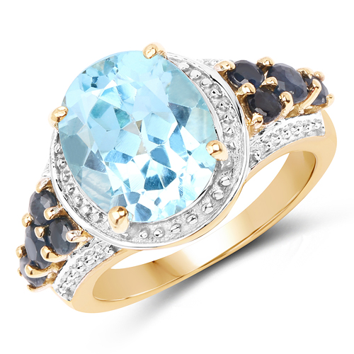 Rings-14K Yellow Gold Plated 5.80 Carat Genuine Blue Topaz & Blue Sapphire .925 Sterling Silver Ring