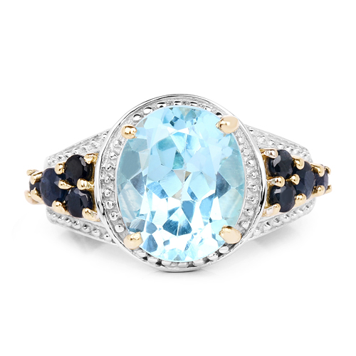 14K Yellow Gold Plated 5.80 Carat Genuine Blue Topaz & Blue Sapphire .925 Sterling Silver Ring