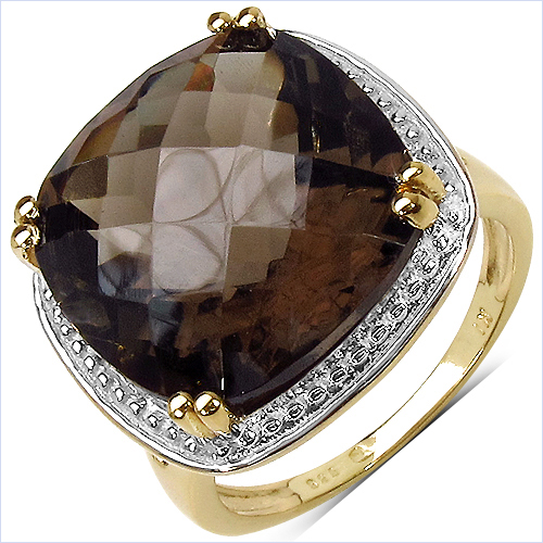 Rings-14K Yellow Gold Plated 12.10 Carat Genuine Smoky Quartz .925 Sterling Silver Ring