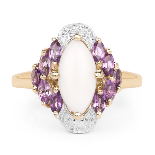 14K Yellow Gold Plated 2.00 Carat Genuine Opal and Amethyst .925 Sterling Silver Ring