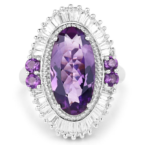 7.96 Carat Genuine Amethyst and White Topaz .925 Sterling Silver Ring