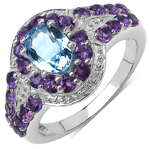 Rings-1.66 Carat Genuine Blue Topaz and Amethyst .925 Sterling Silver Ring