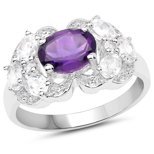 Amethyst-2.75 Carat Genuine Amethyst and White Zircon .925 Sterling Silver Ring