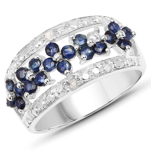 Sapphire-0.92 Carat Genuine Blue Sapphire & White Diamond .925 Sterling Silver Ring
