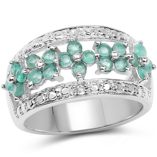 Emerald-0.62 Carat Genuine Emerald and White Diamond .925 Sterling Silver Ring
