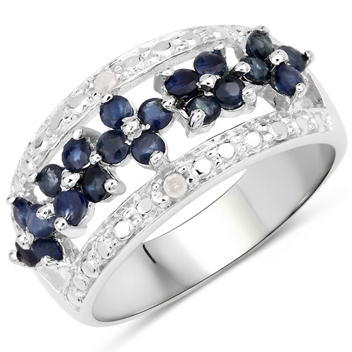 Sapphire-0.92 Carat Genuine Black Sapphire and White Diamond .925 Sterling Silver Ring