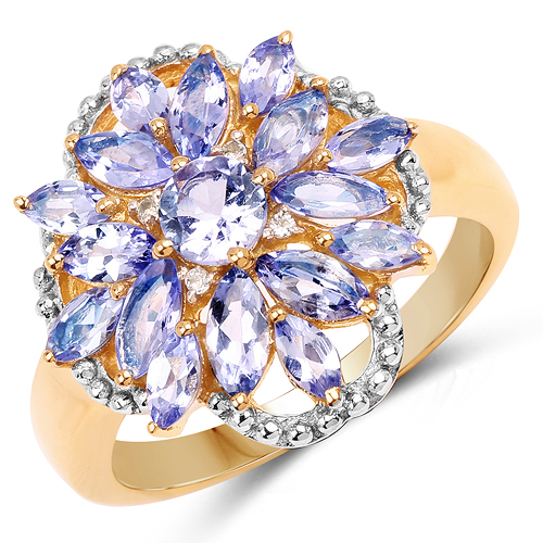 14K Yellow Gold Plated 2.01 Carat Genuine Tanzanite & White Topaz .925 Sterling Silver Ring