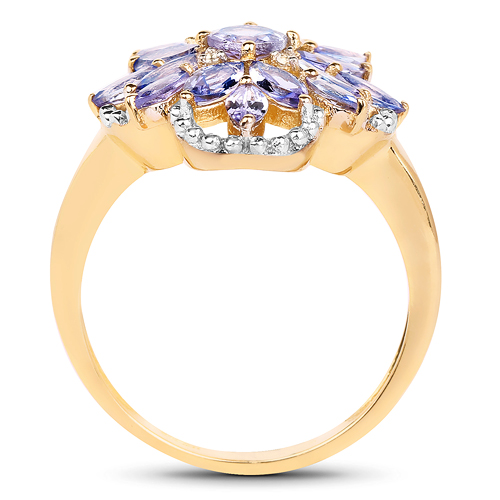 14K Yellow Gold Plated 2.01 Carat Genuine Tanzanite & White Topaz .925 Sterling Silver Ring
