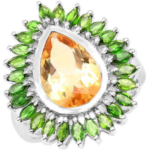 Citrine-7.02 Carat Genuine Citrine and Chrome Diopside .925 Sterling Silver Ring