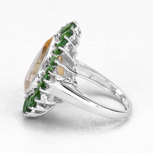 7.02 Carat Genuine Citrine and Chrome Diopside .925 Sterling Silver Ring
