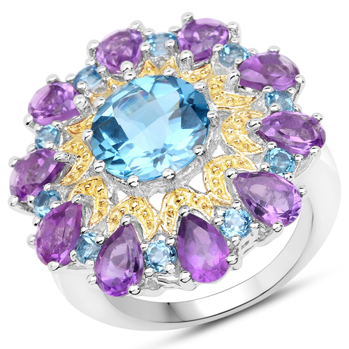 Rings-8.86 Carat Genuine London Blue Topaz and Amethyst .925 Sterling Silver Ring