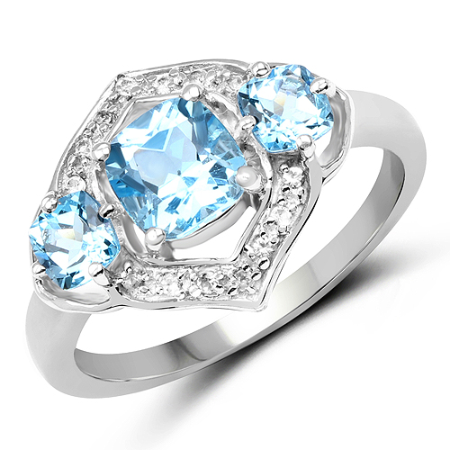 Rings-1.91 Carat Genuine Swiss Blue Topaz and White Topaz .925 Sterling Silver Ring