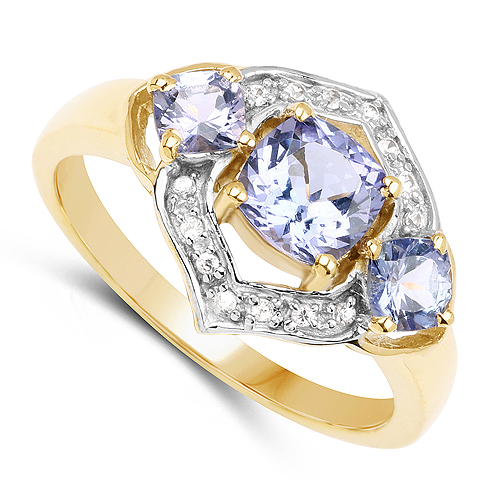 14K Yellow Gold Plated 1.58 Carat Genuine Tanzanite and White Topaz .925 Sterling Silver Ring