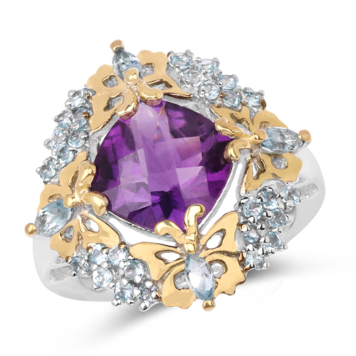 Amethyst-Two Tone Plated 4.45 Carat Genuine Amethyst & Blue Topaz .925 Sterling Silver Ring