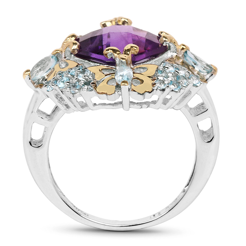 Two Tone Plated 4.45 Carat Genuine Amethyst & Blue Topaz .925 Sterling Silver Ring