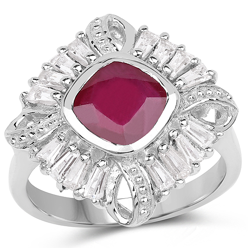 Ruby-2.66 Carat Glass Filled Ruby and White Topaz .925 Sterling Silver Ring