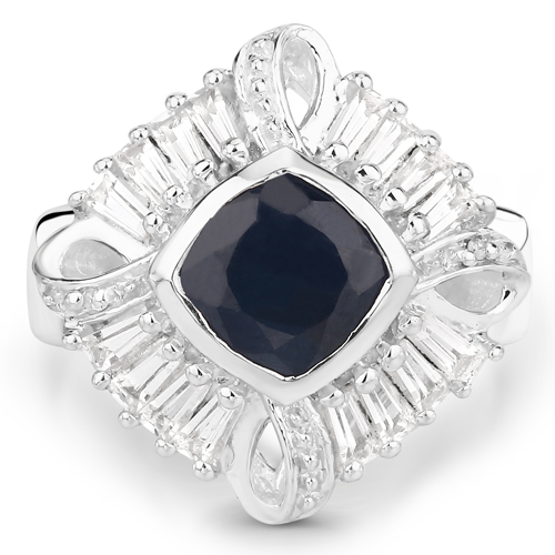 3.06 Carat Glass Filled Sapphire and White Topaz .925 Sterling Silver Ring