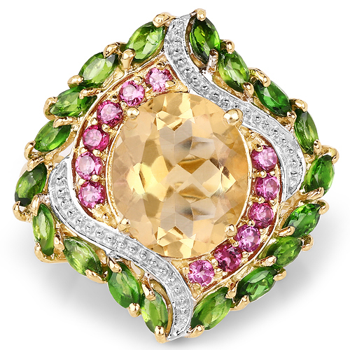 14K Yellow Gold Plated 6.11 Carat Genuine Citrine, Rhodolite & Chrome Diopside .925 Sterling Silver Ring