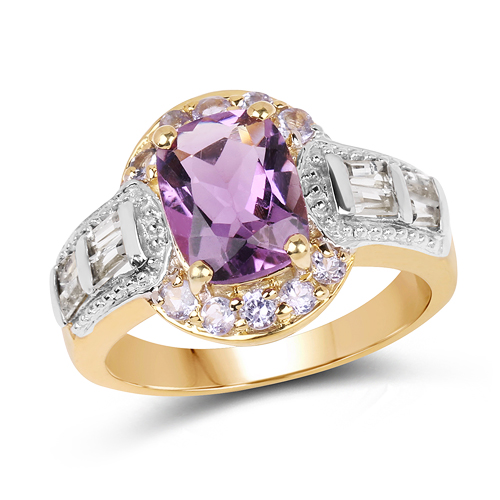 Amethyst-14K Yellow Gold Plated 2.28 Carat Genuine Amethyst, Tanzanite And White Topaz .925 Sterling Silver Ring