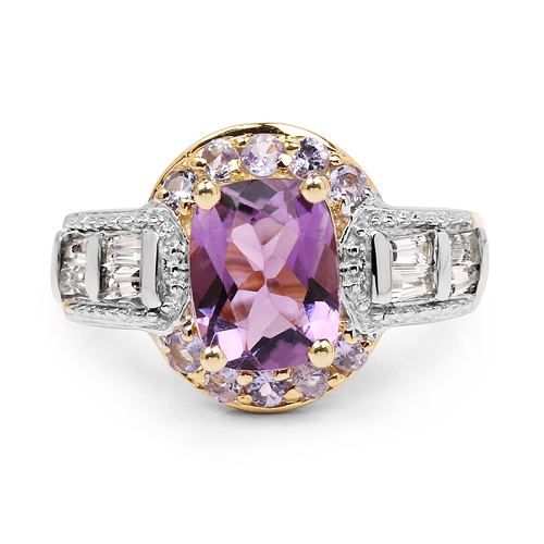 14K Yellow Gold Plated 2.28 Carat Genuine Amethyst, Tanzanite And White Topaz .925 Sterling Silver Ring