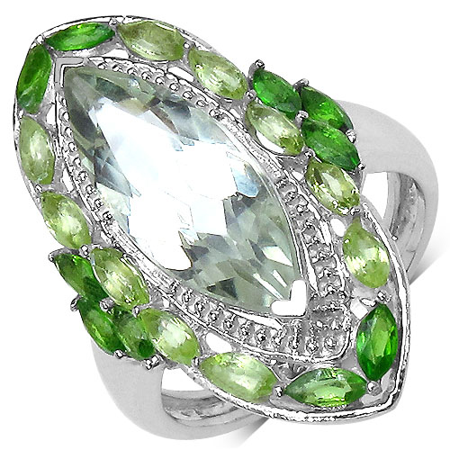Amethyst-4.90 Carat Genuine Green Amethyst, Peridot and Chrome Diopside .925 Sterling Silver Ring