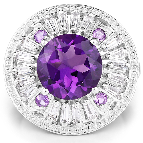 5.58 Carat Genuine Amethyst and White Topaz .925 Sterling Silver Ring