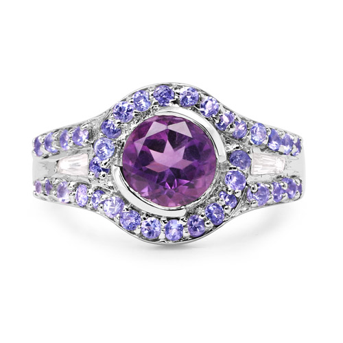 2.10 Carat Genuine Amethyst, Tanzanite and White Topaz .925 Sterling Silver Ring