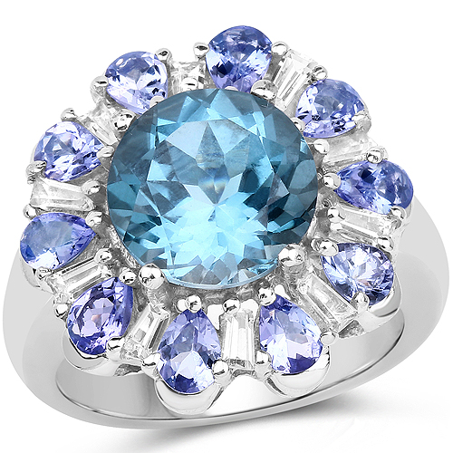 Rings-6.19 Carat Genuine London Blue Topaz, Tanzanite & White Topaz .925 Sterling Silver Ring