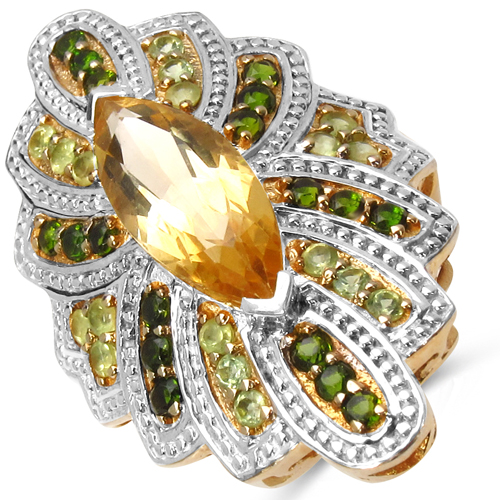 Citrine-14K Yellow Gold Plated 5.20 Carat Genuine Citrine, Chrome Diopside & Peridot .925 Sterling Silver Ring