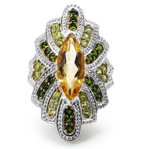 14K Yellow Gold Plated 5.20 Carat Genuine Citrine, Chrome Diopside & Peridot .925 Sterling Silver Ring