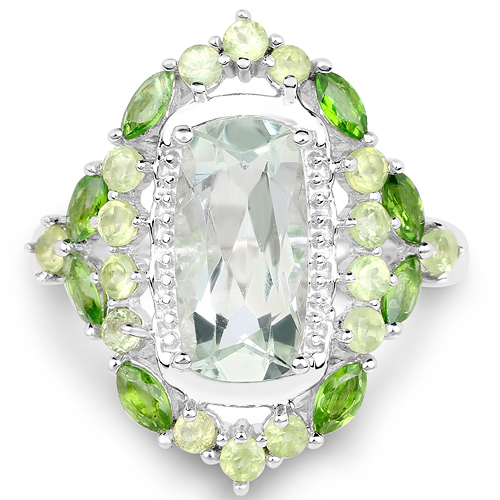 3.48 Carat Genuine Green Amethyst, Chrome Diopside and Peridot .925 Sterling Silver Ring