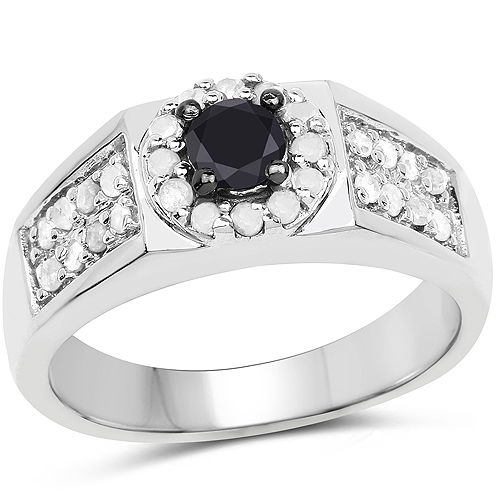 Diamond-0.75 Carat Genuine Black Diamond and White Diamond .925 Sterling Silver Ring