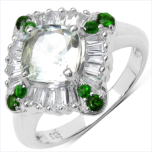 Amethyst-2.54 Carat Genuine Green Amethyst, Chrome Diopside and White Topaz .925 Sterling Silver Ring