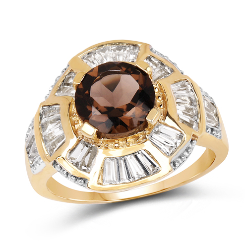 Rings-14K Yellow Gold Plated 4.18 Carat Genuine Smoky Quartz & White Topaz .925 Sterling Silver Ring