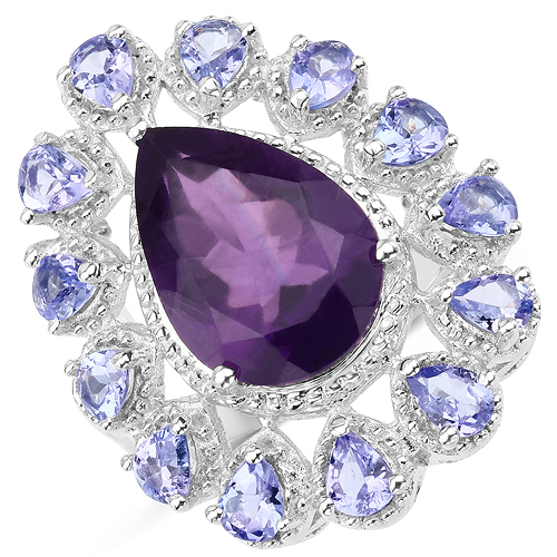5.82 Carat Genuine Amethyst and Tanzanite .925 Sterling Silver Ring