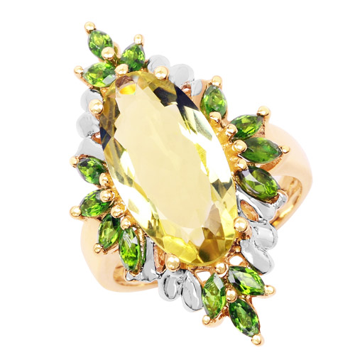 Rings-14K Yellow Gold Plated 6.32 Carat Genuine Lemon Quartz and Chrome Diopside .925 Sterling Silver Ring