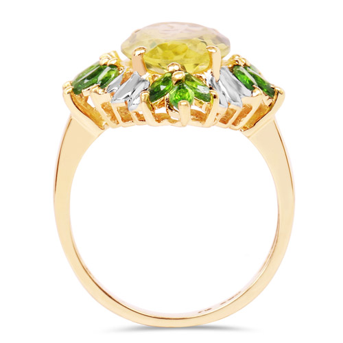 14K Yellow Gold Plated 6.32 Carat Genuine Lemon Quartz and Chrome Diopside .925 Sterling Silver Ring