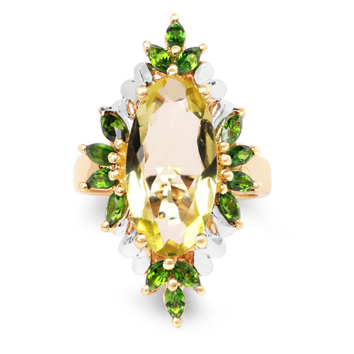 14K Yellow Gold Plated 6.32 Carat Genuine Lemon Quartz and Chrome Diopside .925 Sterling Silver Ring