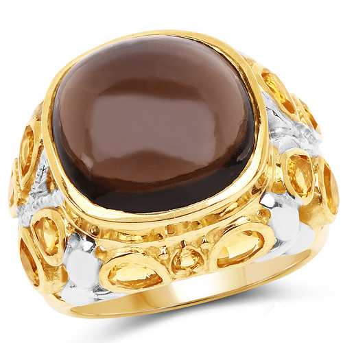 Rings-14K Yellow Gold Plated 12.76 Carat Genuine Smoky Quartz & Citrine .925 Sterling Silver Ring