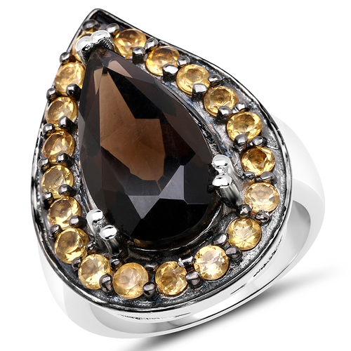 Rings-7.34 Carat Genuine Smoky Quartz and Citrine .925 Sterling Silver Ring