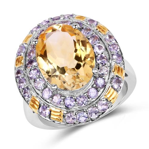 Two Tone Plated 6.33 Carat Genuine Citrine & Tanzanite .925 Sterling Silver Ring